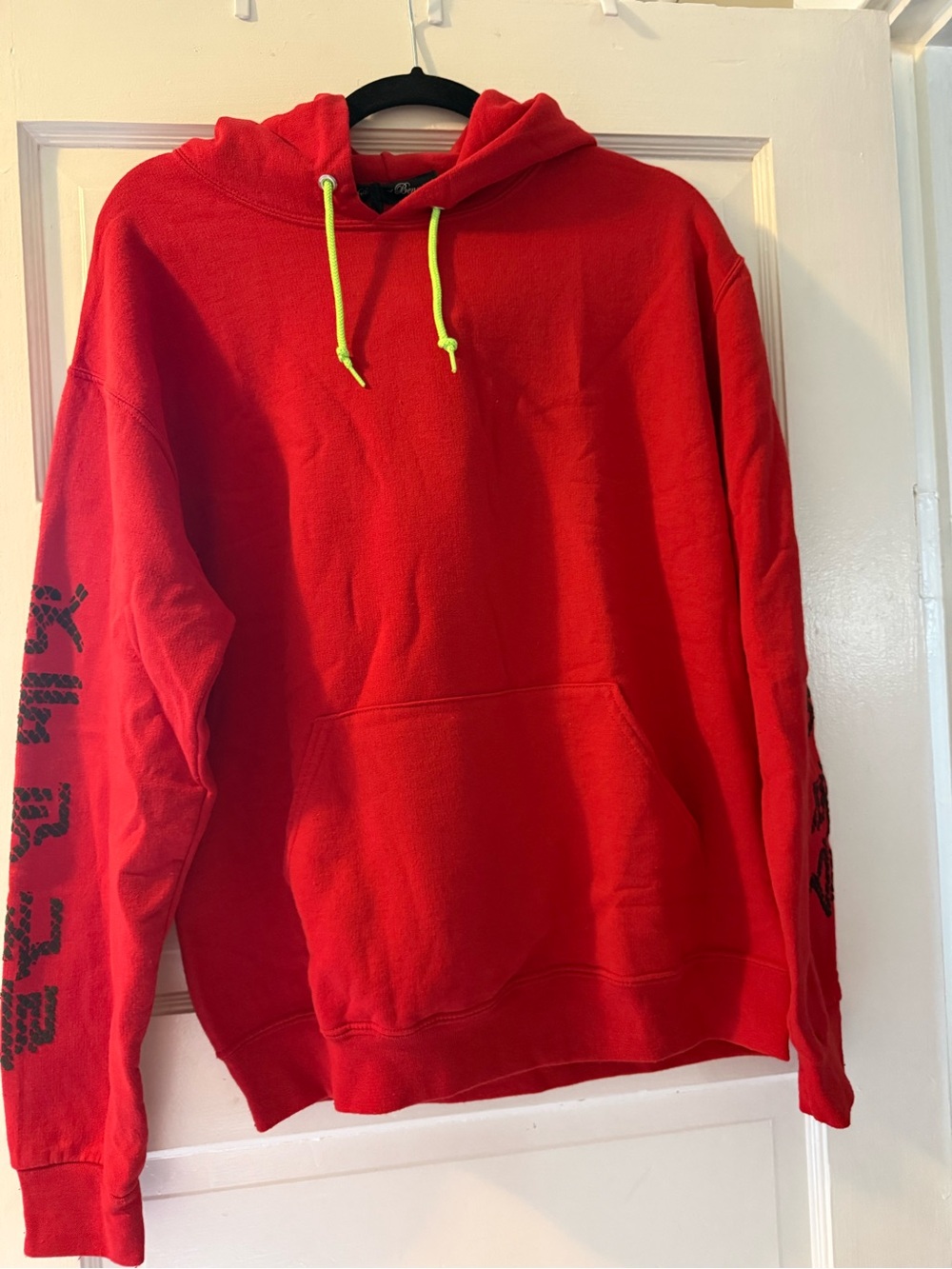Red Men's Pullover Hoodie with Neon Yellow Drawcords